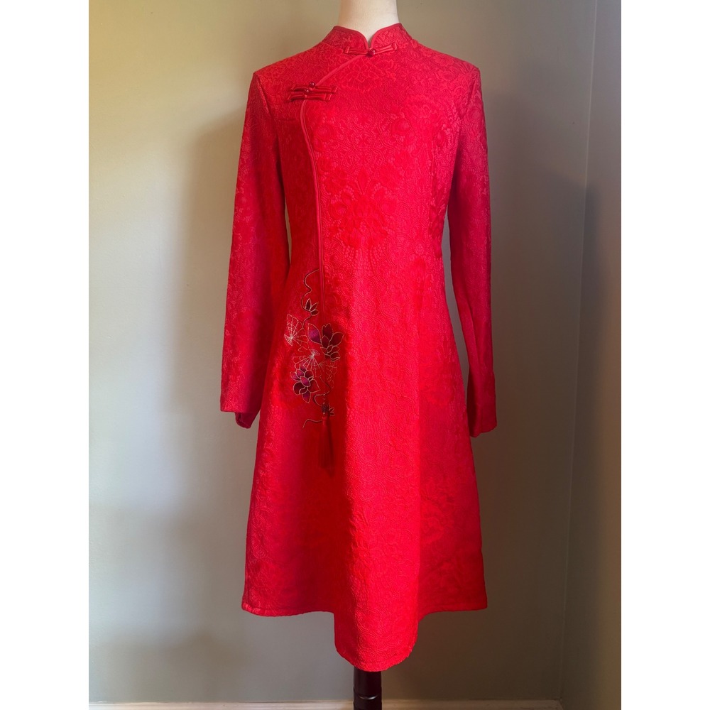 Red Floral Lace Cheongsam Qipao Dress Long Sleeve Tassel Embroidery Small whimsi